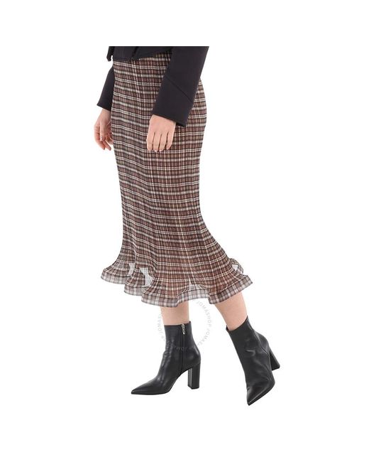 Burberry Red Mahogany Check Plisse Ruffle Detail Skirt