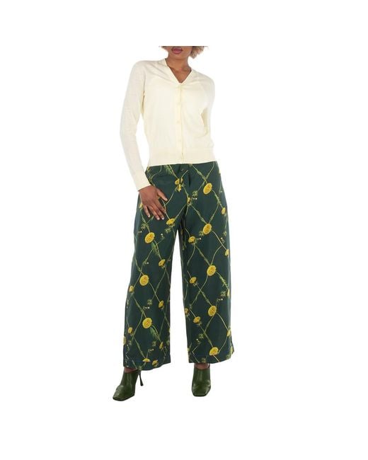 Burberry Green Dandelion Floral-Print Flared Trousers, Brand Size 4 Us
