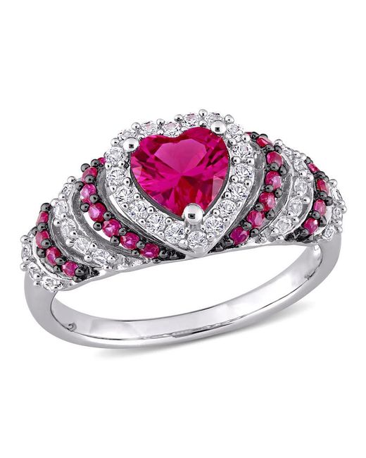 Amour Metallic 1 3/4 Ct Tgw Created Ruby And Created Sapphire Heart Halo Vintage Ring