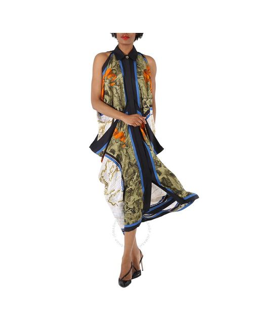 Burberry Blue Antique Map Print Drape Silk Dress