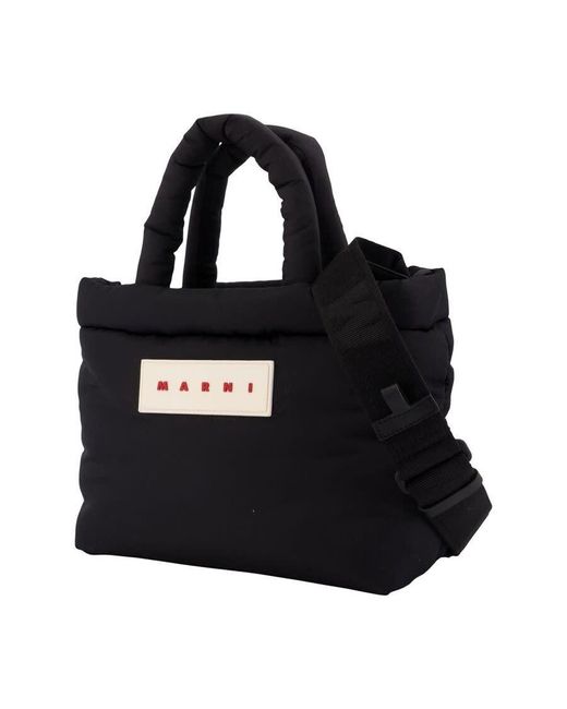Marni Black Puffy Nylon Logo-Patch Top Handle Bag
