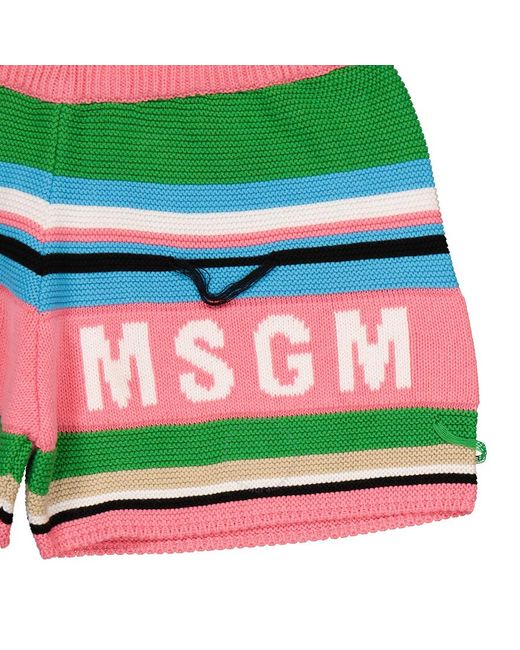 MSGM Green Girls Stripe Logo Distressed Knit Shorts