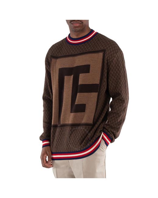 Balmain Brown Monogram Patterned Crewneck Jumper for men