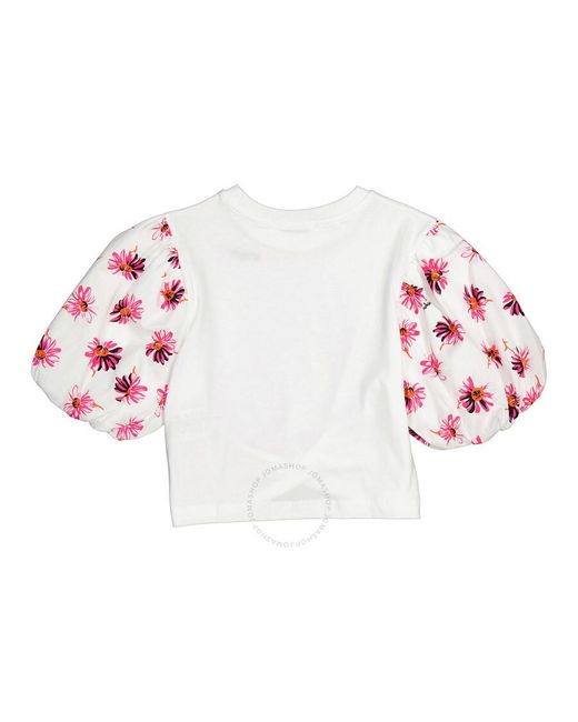 MSGM Pink Girls Bianco Floral Ruffle Sleeve Logo Cotton Shirt