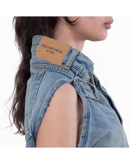 Balenciaga Blue Ladies True Sleeveless Denim Asymmetrical Top, Brand Size 36 (Us