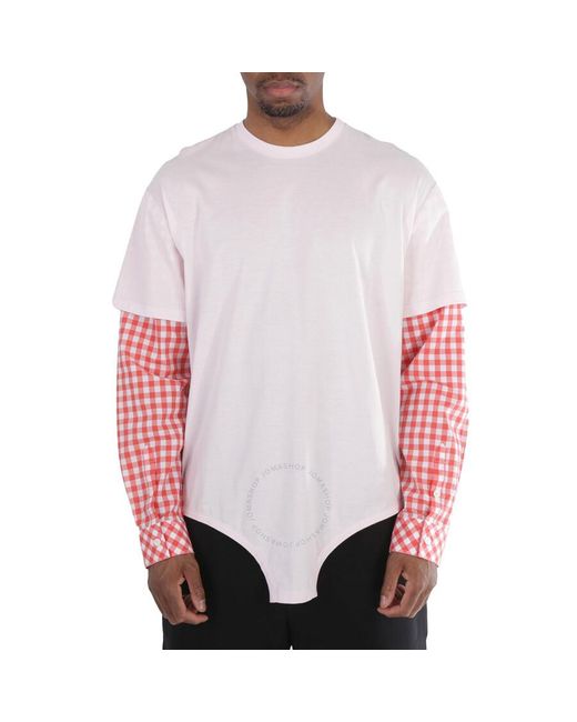 Burberry Red Pale Cut-out Hem Gingham Sleeve Cotton Oversized T-shirt for men