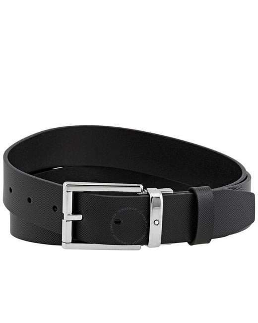 Montblanc Black Rectangular Shiny Palladium Coated Pin Buckle Belts 126028 for men