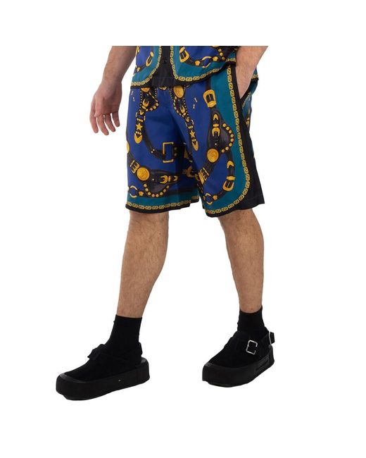 Versace Blue Medusa Harness-Print Silk Twill Shorts for men