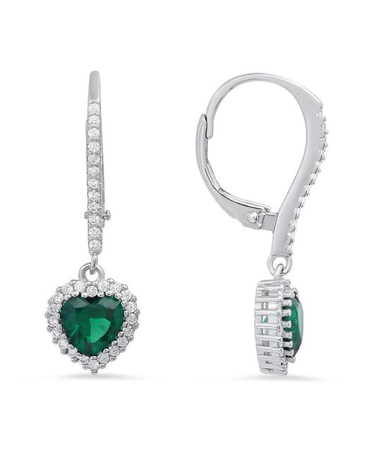 Kylie Harper White Sterling Heart-Cut Emerald Cz Birthstone Halo Leverback Earrings