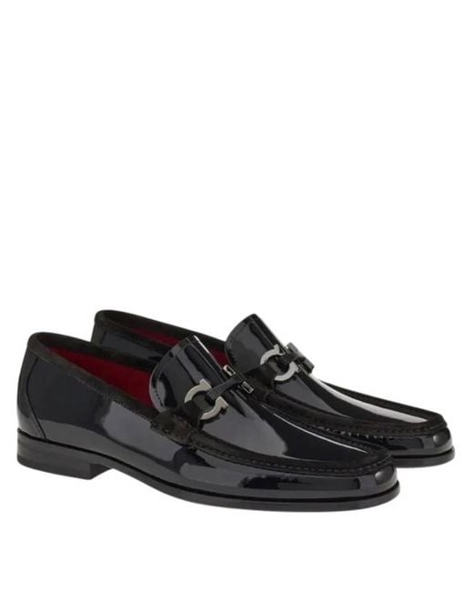 Ferragamo Black Gancini Ornament Patent Leather Loafers for men