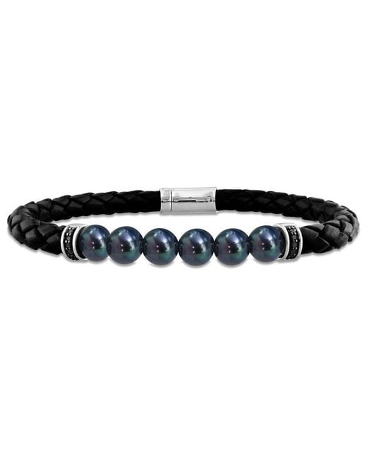 Amour Black 7.5-8Mm Cultured Freshwater Pearl Braided Leather Bracelet With Diamond Accents for men