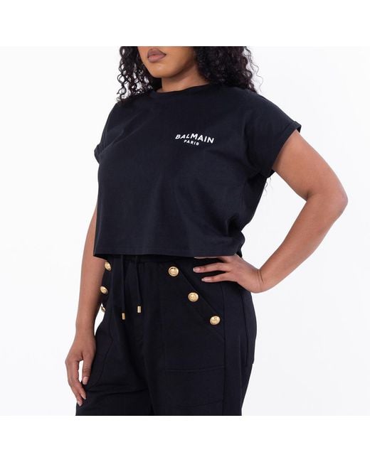 Balmain Blue Flock Logo Print Cropped T Shirt