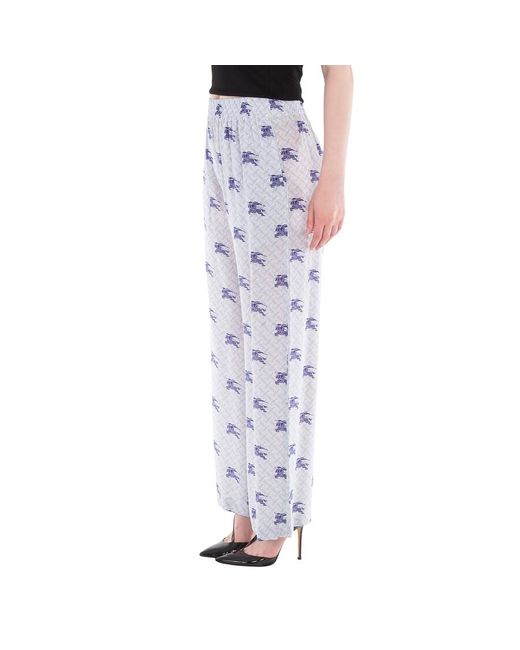 Burberry Blue Alex Ekd Monogram Silk Wide-Leg Trousers, Brand Size 10 Us