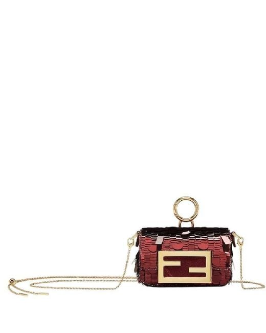 Fendi Red Nano Baguette Charm Embellished Sequins Bag