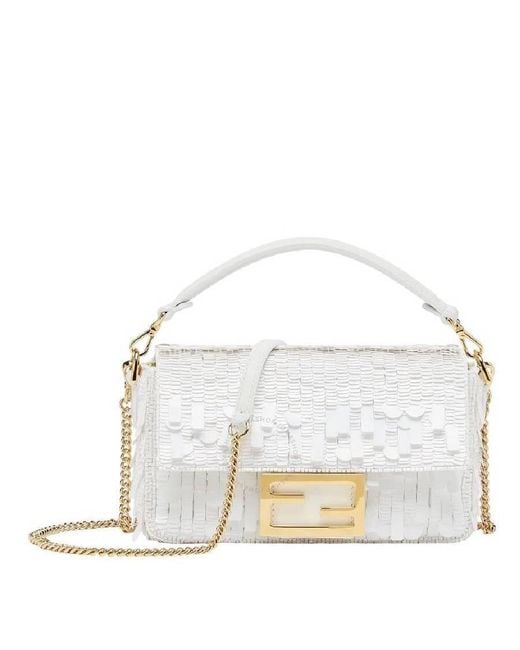 Fendi White Embroidered Metallic Sequins Baguette Bag