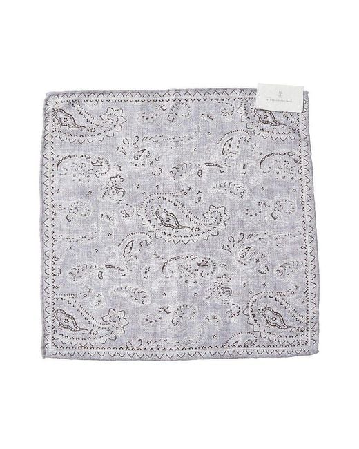 Brunello Cucinelli Gray Silk Paisley Pocketsquare for men