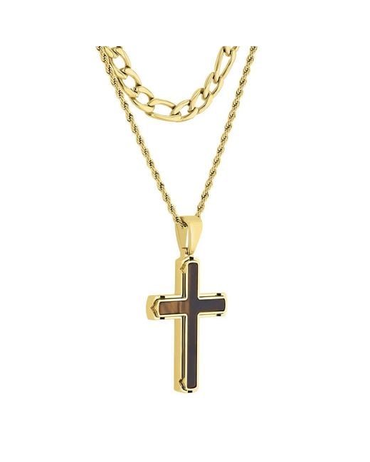 Robert Alton Metallic Stainless Steel Finish Double Chain With Tiger Eye Cross Pendant for men