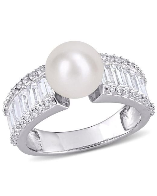 Amour Metallic 8-8.5Mm Cultured Freshwater Pearl And 2 2/5 Ct Tgw Created Sapphire Engagement Ring