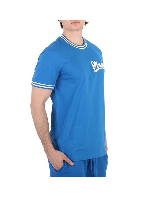 Moschino Blue Cotton Stripe Trim Logo Embroidered T-shirt for men