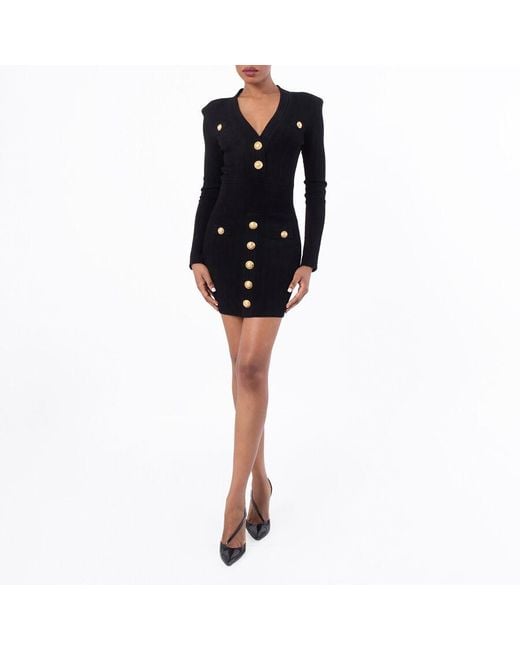 Balmain Black V Neck Button Embellished Dress, Brand Size 36 (Us