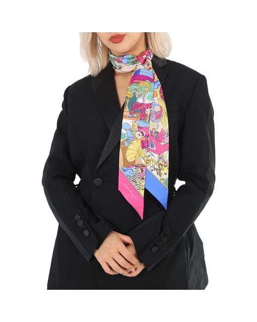 Ferragamo Black Ferragamo Ladies Studio Print Silk Skinny Scarf