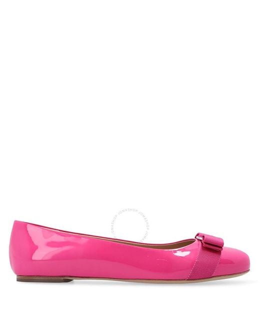 Ferragamo Pink Salvatore Hot Patent Leather Varina Bow Ballet Flats