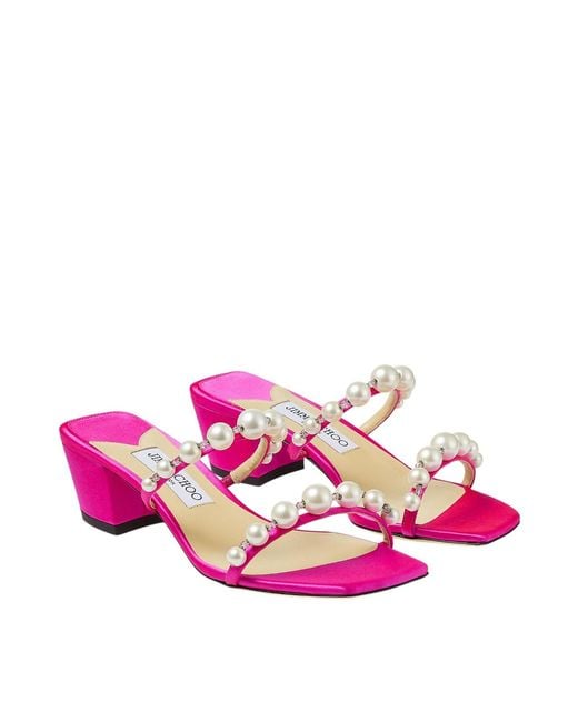 Jimmy Choo Pink Amara 45 Pearl Embellished Satin Mules, Brand Size 34 Us