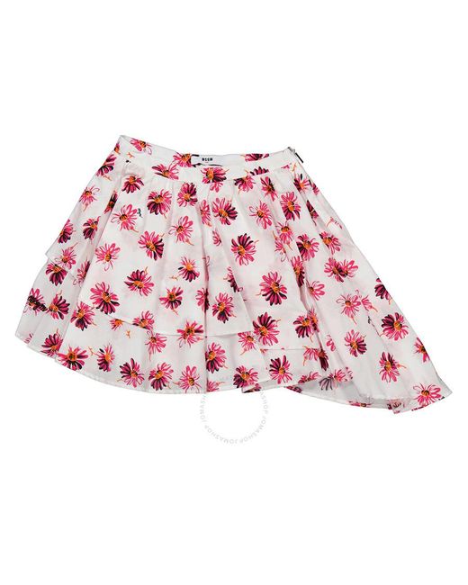 MSGM Red Girls Floral Print Asymmetric Cotton Skirt