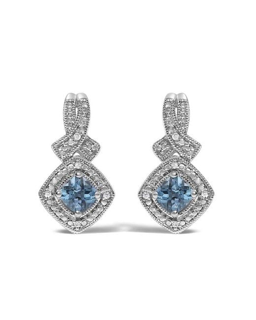 Haus of Brilliance Blue Sterling Cushion Cut Topaz And Diamond Accent Twist Motif Dangle Earrings