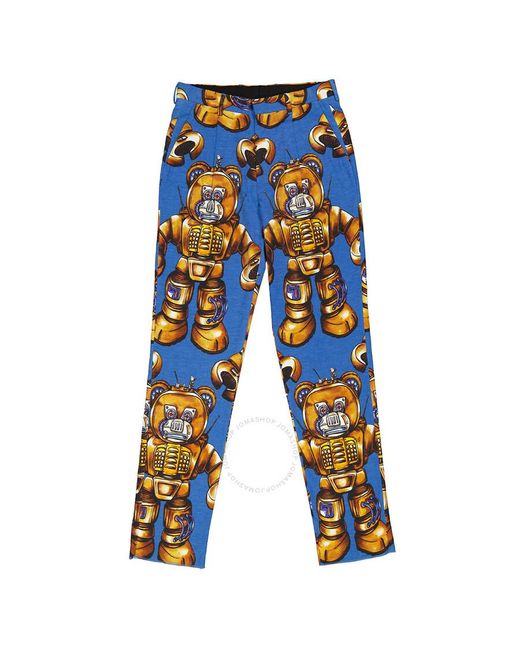 Moschino Blue Allover Robot Print Cotton Trousers for men