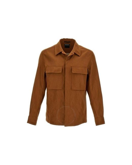 Zegna Brown Ermenegildo Linen-Twill Overshirt for men