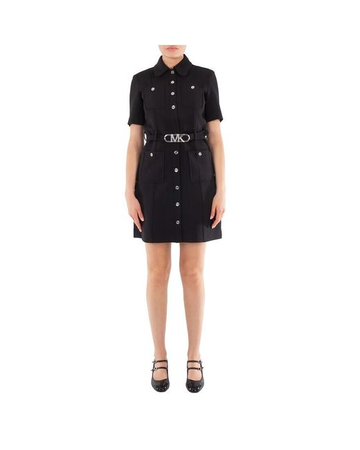 Michael Kors Black Stretchy Crepe Short Sleeve Belted Utility Dress, Size 2