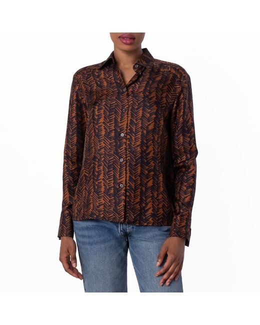 Bally Brown Abstract Print Long-Sleeved Silk Shirt, Brand Size 40 Us Size 4