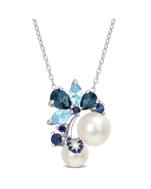 Amour Blue Cultured Freshwater Pearl, London And Sky- Topaz, And Sapphire Pendant With 20In Chain