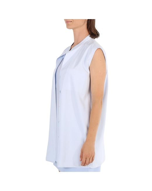 Burberry Blue Ladies Pale Suziesl Logo Detail Sleeveless Silk Crepe De Chine Shirt, Brand Size 8 (Us