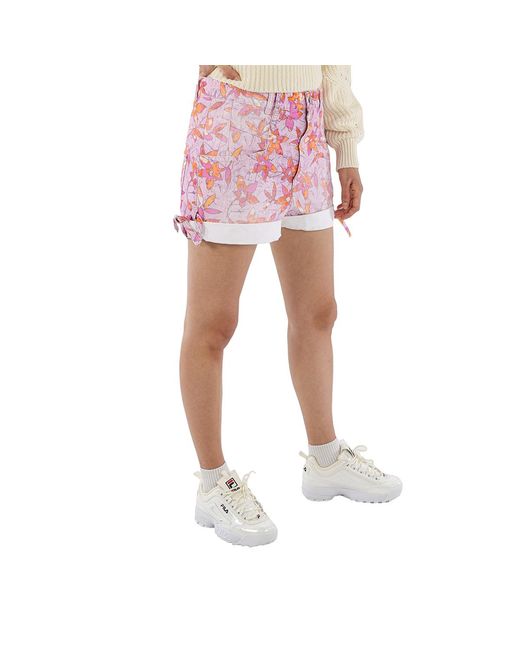 Isabel Marant Pink Ladies Floral Print Naesqui Cotton Denim Shorts, Brand Size 40 (Us Size 6)