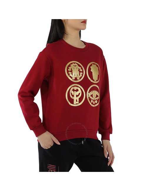Roberto Cavalli Red Carmine Lucky Symbol Print Cotton Sweatshirt