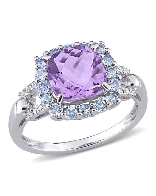 Amour Metallic Halo Diamond, Amethyst, And Cushion Cut Tanzanite Ring
