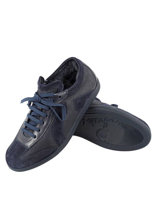 Ferragamo Blue Benbow Low Top Suede And Leather Sneakers for men