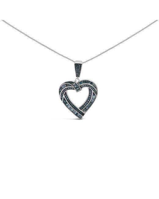 Haus of Brilliance Blue 925 Sterling 1.00 Cttw Baguette And Round Diamond Open Heart Pendant Necklace