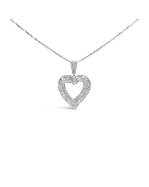Haus of Brilliance Metallic 925 Sterling 1.00 Cttw Baguette And Round Diamond Open Heart Pendant Necklace