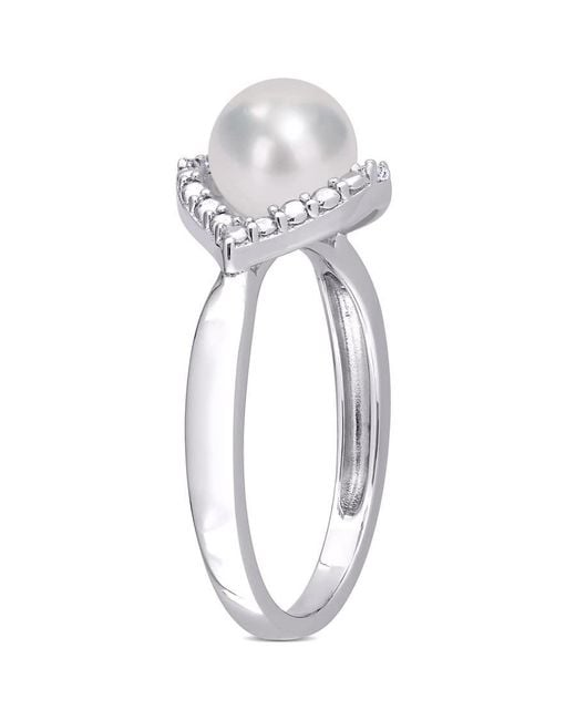 Amour Metallic 7-7.5Mm Freshwater Cultured Pearl And Created Sapphire Halo Ring