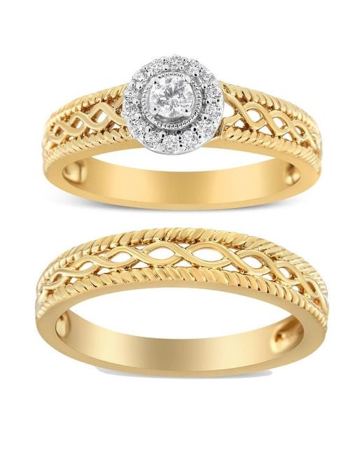 Haus of Brilliance Metallic 14K Plated .925 Sterling 1/5 Cttw Diamond Halo Engagement Ring And Wedding Band Set