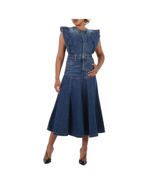 Chloé Blue Ladies Dusky Ruffled Pleated Denim Dress, Brand Size 34 (Us
