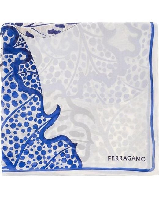 Ferragamo White Foliage Print Silk Scarf