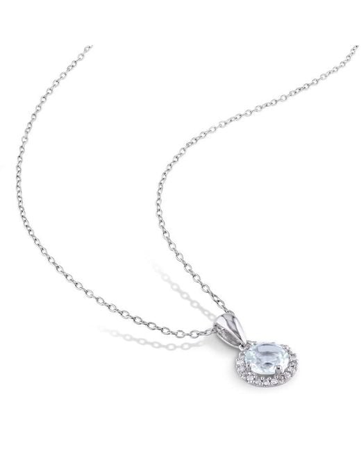 Amour Metallic 1/10 Ct Tw Diamond And Aquamarine Halo Pendant With Chain