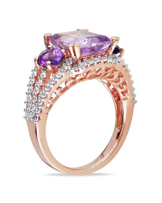Amour Pink 4 5/8 Ct Tgw Emerald Cut Rose De France, Amethyst And Created Sapphire 3-Stone Ring