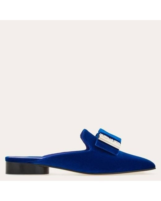 Ferragamo Blue Double-Bow Mule With Crystals