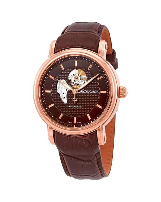 Mathey-Tissot Pink Skeleton Brown Dial Automatic Leather Watch for men