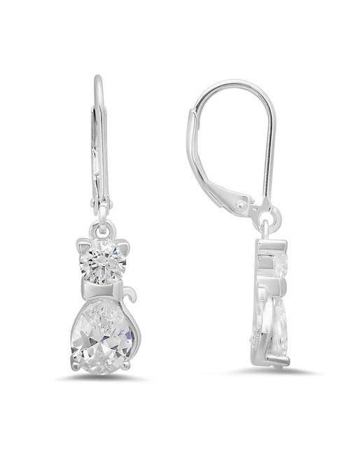 Kylie Harper White Sterling Dangling Cz Kitty Cat Leverback Earrings